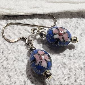 Beautiful Vintage Cloisonne Enamel Dangle Bead Earrings Sterling Silver